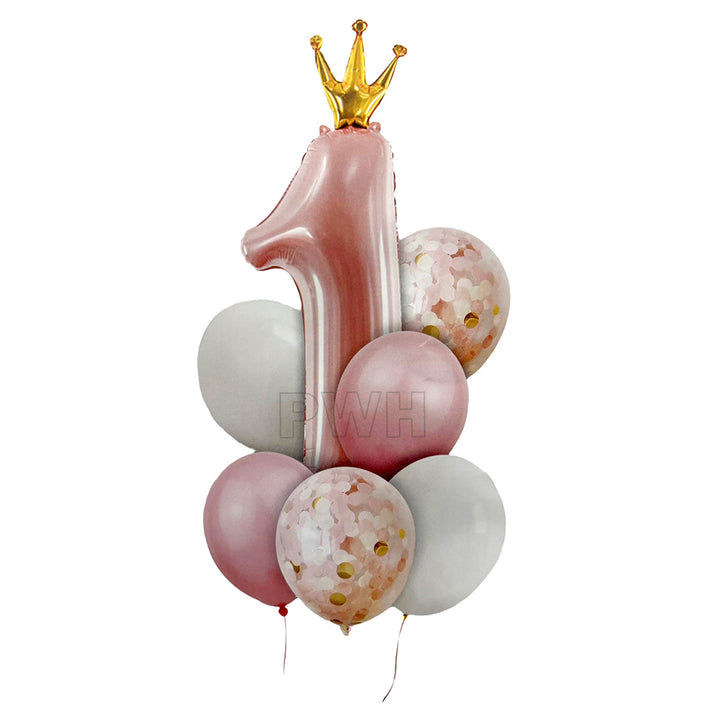 Premium 1st Birthday Crown Foil Balloon Set with 35 inch pink crown foil balloon and 6 latex balloons for first birthday party decoration from Party Wholesale Hub.