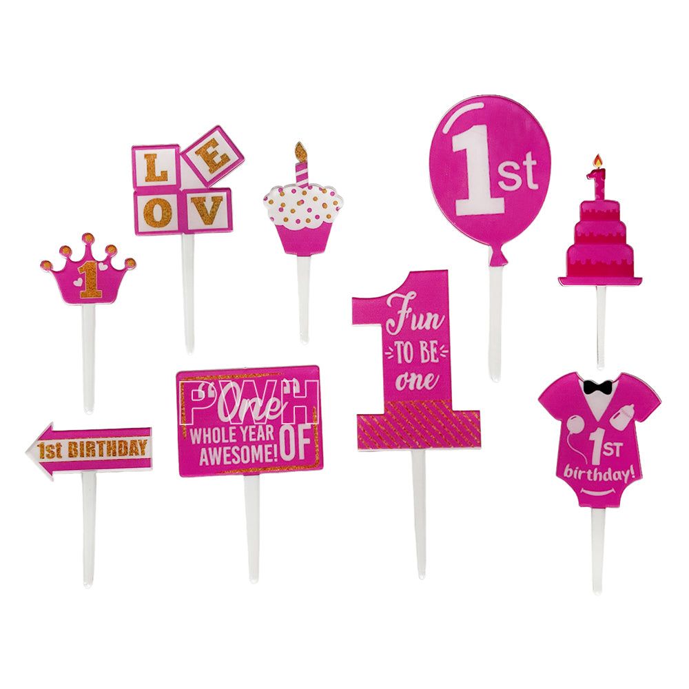 1st Birthday Theme cake topper set in pink for baby first birthday cake decoration available wholesale from Party Wholesale Hub