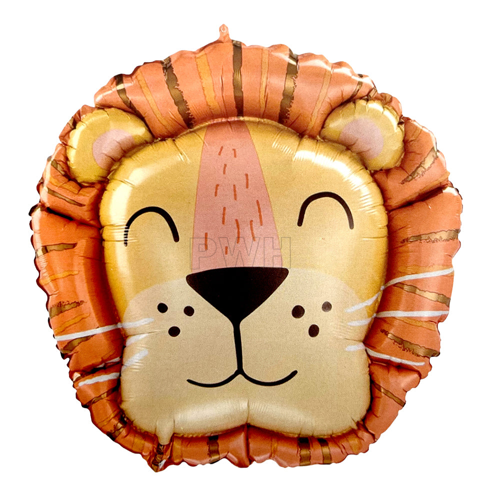 28 inch lovely lion face shaped Mylar foil balloon for jungle theme birthday, safari party, wildlife celebration, and kids event decoration from Party Wholesale Hub.