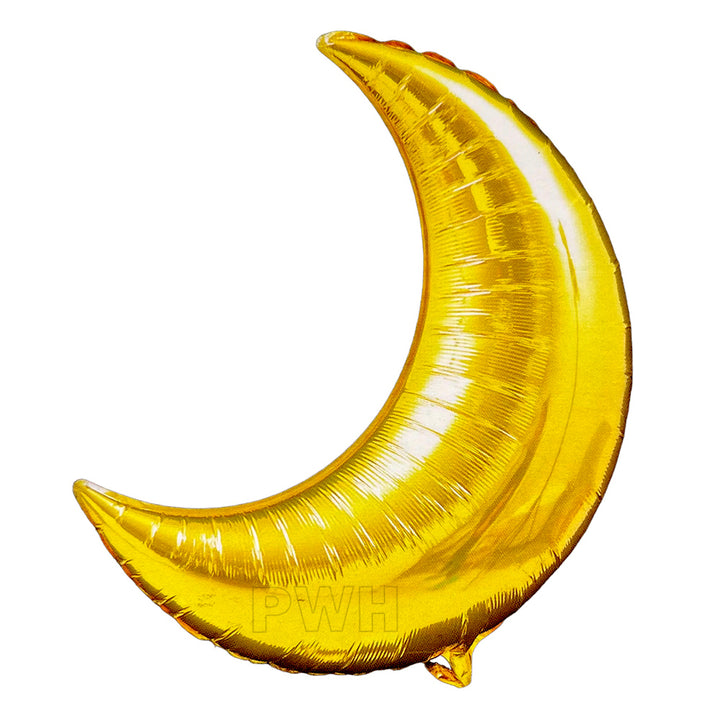 32 inch crescent moon shaped aluminium foil balloon in assorted colors for birthday parties, baby showers, Ramadan, Eid celebrations, and luxury event decoration from Party Wholesale Hub.
