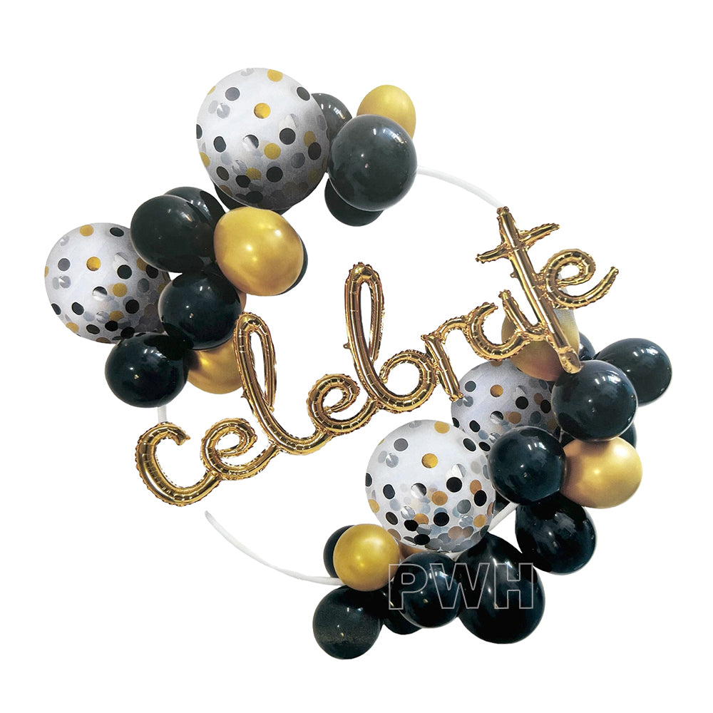 40 Pcs Celebrate Hoop Decor Set with premium Mylar foil and latex balloons for birthday parties, hoop backdrops, themed celebrations, and event decoration from Party Wholesale Hub.