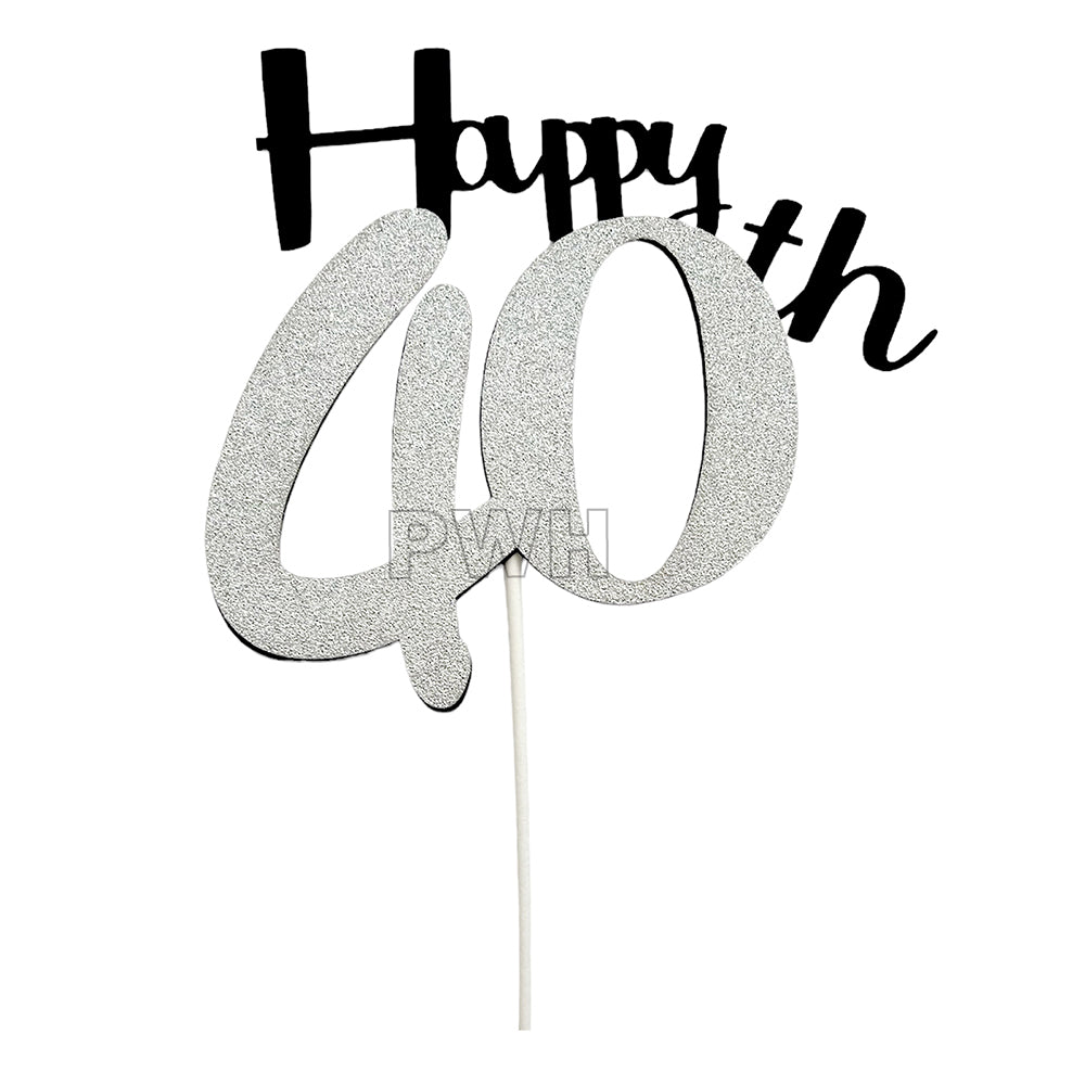 40th Birthday glitter silver cake topper for milestone birthday cake decoration available wholesale from Party Wholesale Hub