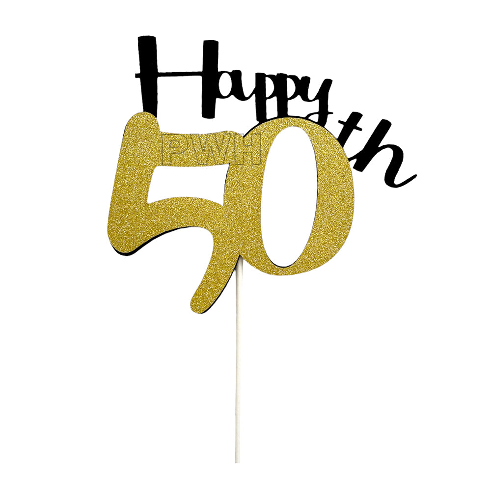50th Birthday glitter golden cake topper for milestone birthday cake decoration available wholesale from Party Wholesale Hub