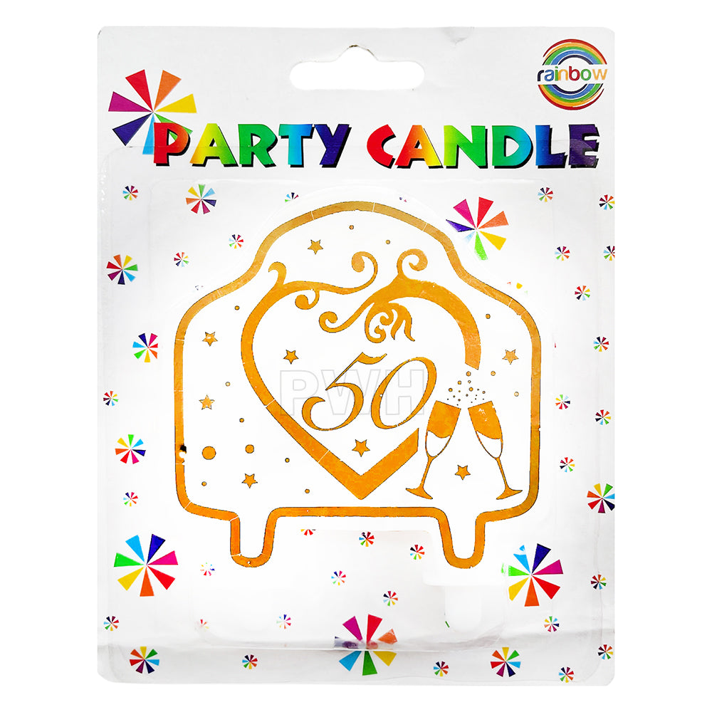 50th Golden Jubilee milestone celebration metallic gold cake candle for anniversary and birthday cake decoration from Party Wholesale Hub