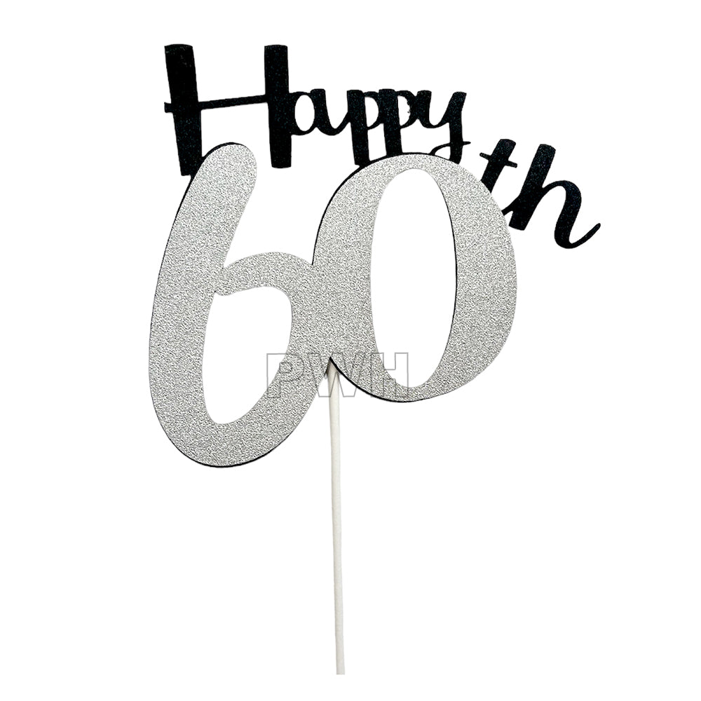 60th Birthday glitter silver cake topper for milestone birthday cake decoration available wholesale from Party Wholesale Hub