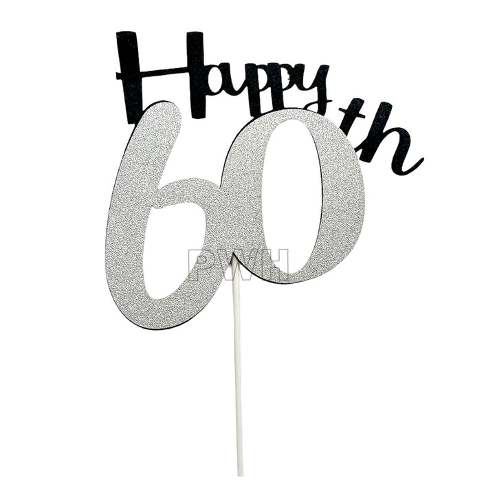 60th Birthday glitter silver cake topper for milestone birthday cake decoration available wholesale from Party Wholesale Hub