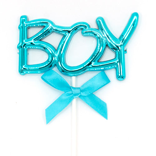 Premium BOY acrylic cake topper with blue ribbon for baby shower, naming ceremony, welcome baby, and first birthday cake decoration available in bulk from Party Wholesale Hub.