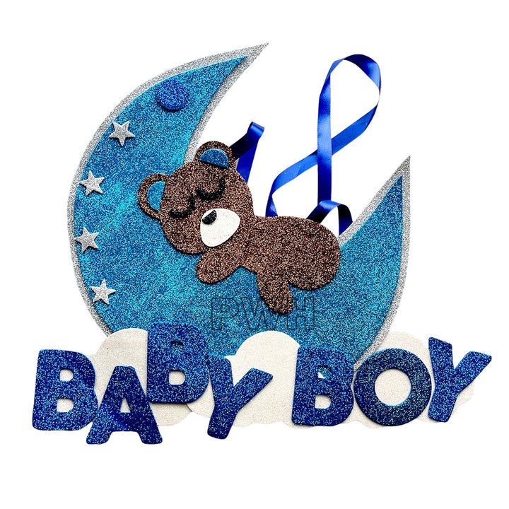 Baby Boy Girl Over The Moon EVA wall hanging decoration in blue and pink for baby shower and baby arrival party decoration from Party Wholesale Hub.