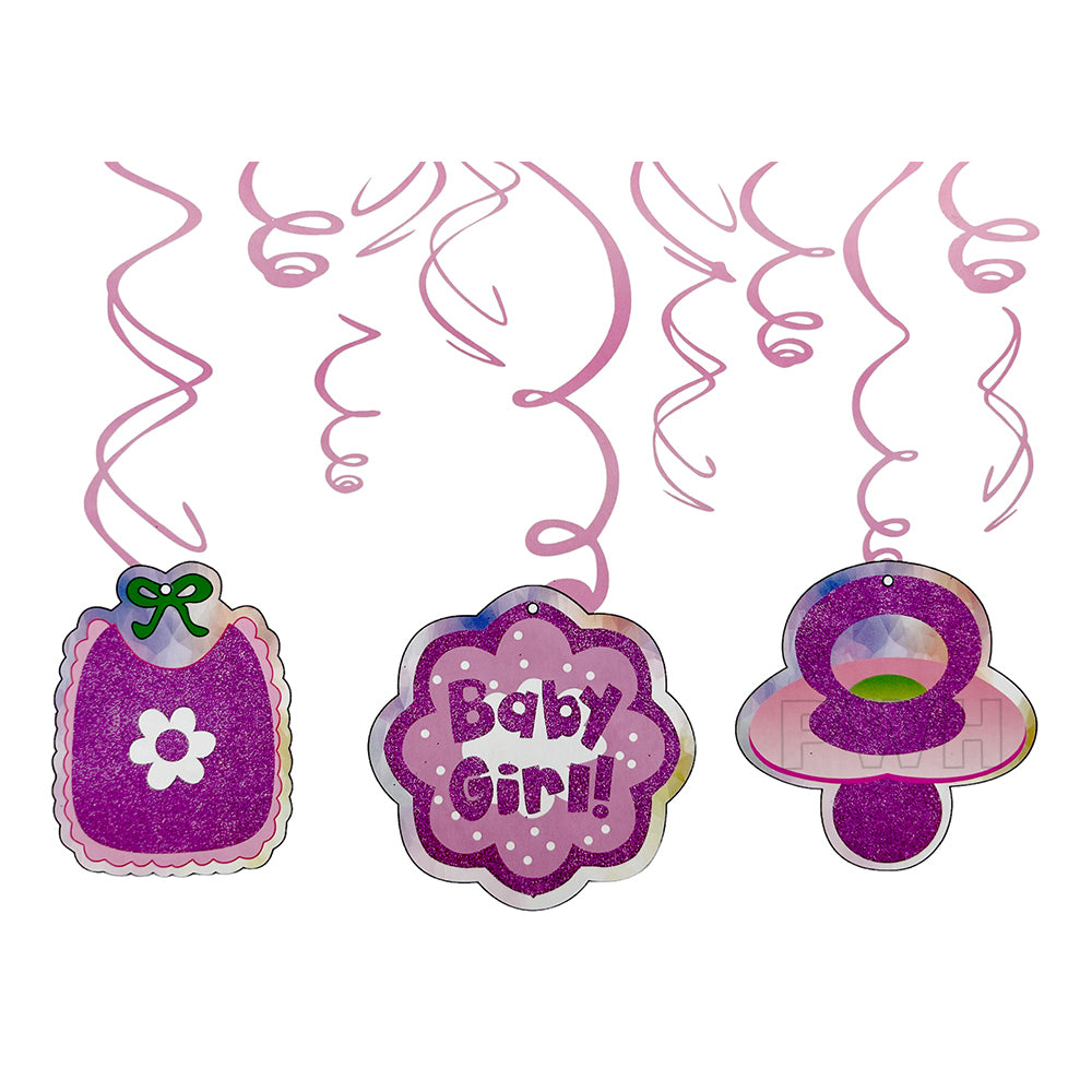 Baby Girl party swirl hangings decoration 6 pcs for baby shower, baby arrival, naming ceremony, and ceiling party decoration available wholesale from Party Wholesale Hub