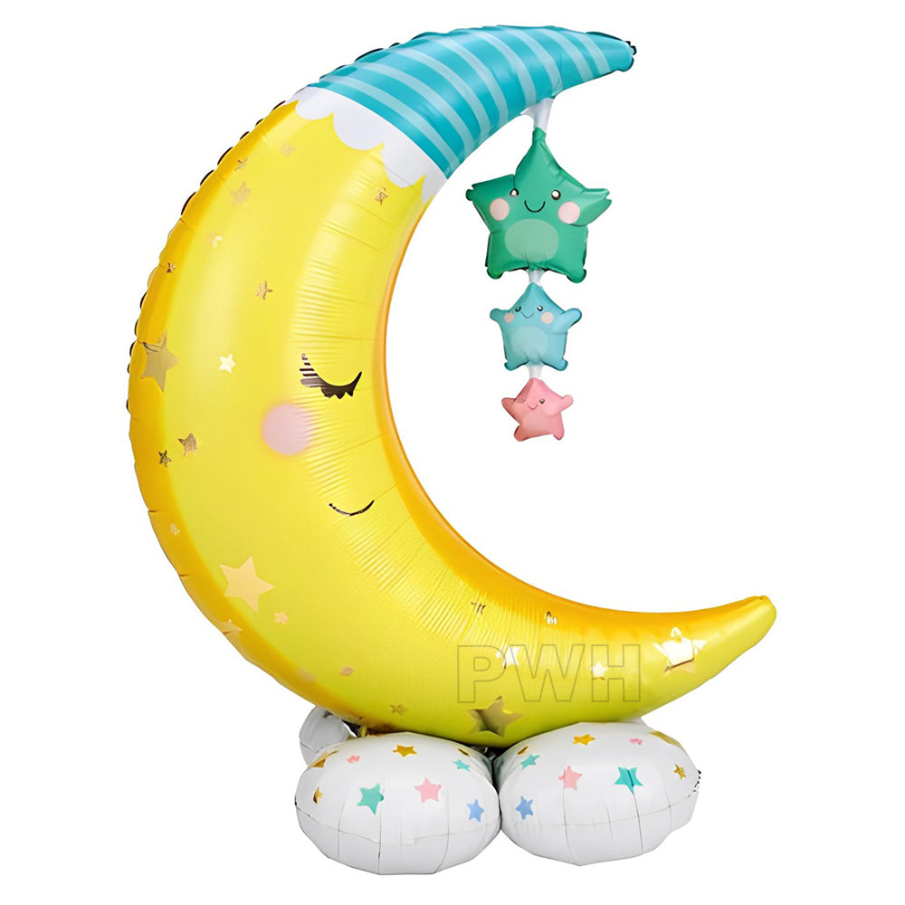 Baby Moon & Stars 3-in-1 Mylar aluminium foil balloon cluster with glossy metallic finish for baby shower, welcome baby party, naming ceremony, and event decoration from Party Wholesale Hub.