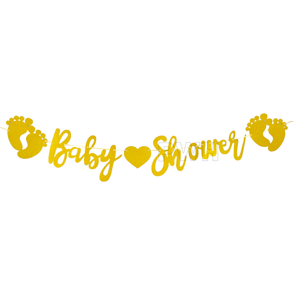 Baby Shower Foot Print golden glitter paper wall banner for baby shower, gender reveal party, newborn welcome celebration, dessert table backdrop, and photo booth decoration available in bulk from Party Wholesale Hub.