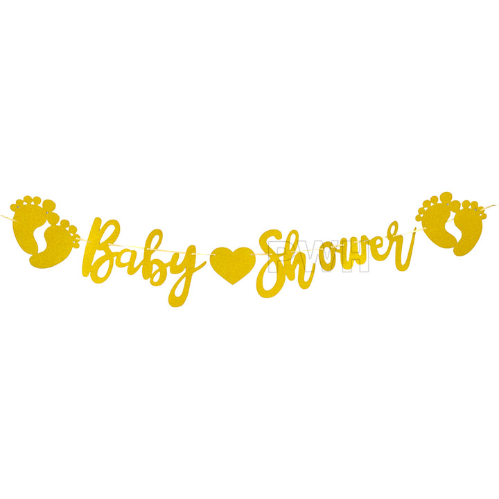 Baby Shower Foot Print golden glitter paper wall banner for baby shower, gender reveal party, newborn welcome celebration, dessert table backdrop, and photo booth decoration available in bulk from Party Wholesale Hub.