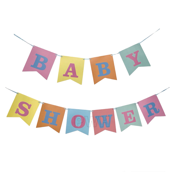 Baby Shower decorative paper wall banner for baby arrival, newborn welcome celebration, gender reveal party, dessert table backdrop, and photo booth decoration available in bulk from Party Wholesale Hub.