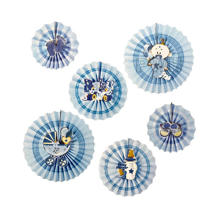 Baby Shower Party Hanging Fans Decoration Set with 6 assorted round paper fans in pink and blue for baby shower, gender reveal, and baby arrival party decoration from Party Wholesale Hub.