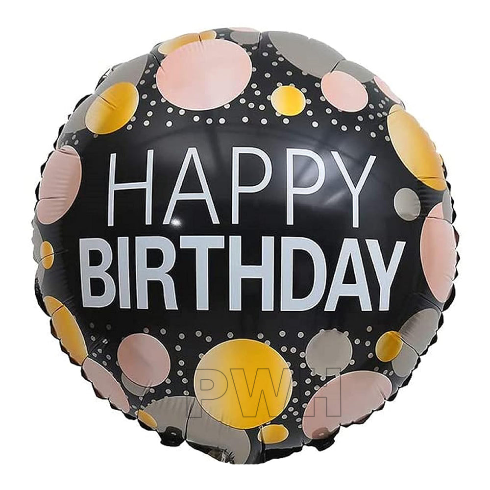 18 inch Happy Birthday black polka print Mylar foil balloon for birthday party decoration wholesale from Party Wholesale Hub