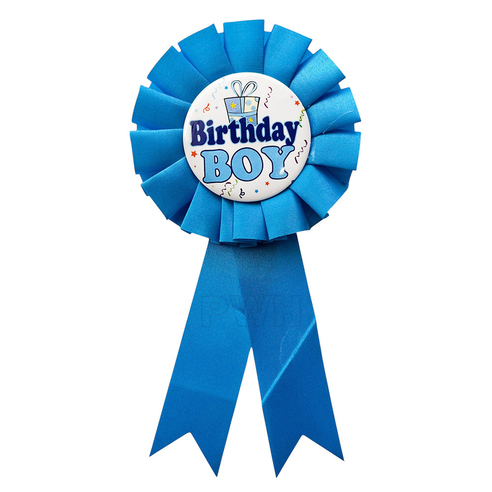 Premium blue Birthday Boy satin badge for kids birthday parties, celebration events, school functions, and birthday photo props from Party Wholesale Hub India.