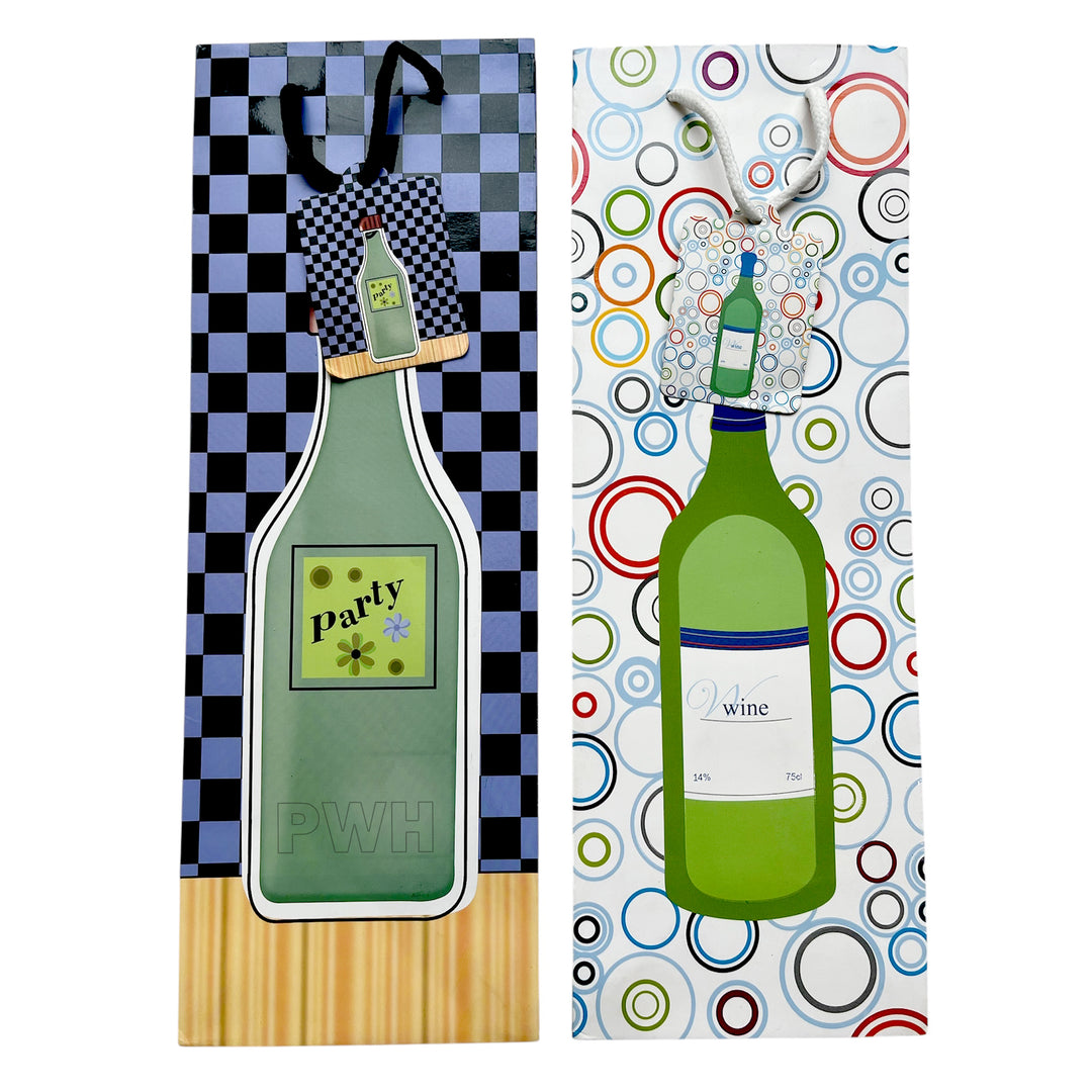 Bottle paper gift bag in assorted colors with glossy finish for wine bottles, beverage gifts, corporate gifting, and retail packaging
