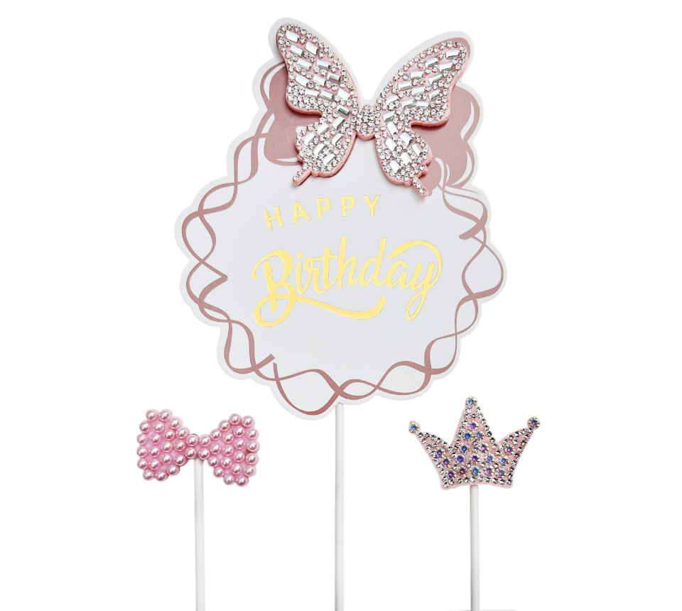 Butterfly Theme Happy Birthday cake topper for elegant girls birthday cake decoration available wholesale from Party Wholesale Hub