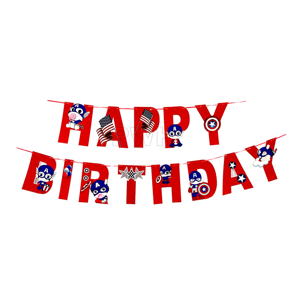 Captain America Character Happy Birthday decorative paper wall banner for kids' superhero birthday party backdrop, cake table decoration, and photo booth available in bulk from Party Wholesale Hub.