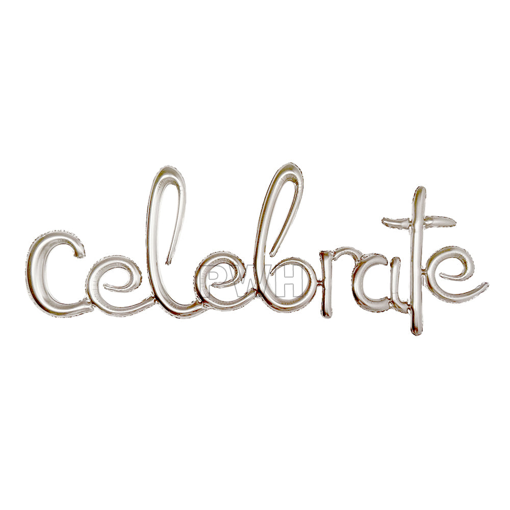 Celebrate script letter aluminium foil balloon banner for birthday, anniversary, wedding, and party decoration available wholesale from Party Wholesale Hub