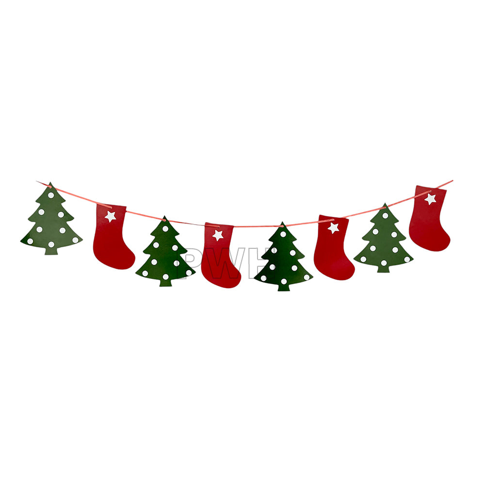 Christmas stockings and pine tree paper bunting banner for holiday party, Christmas celebration, and festive wall decoration available wholesale from Party Wholesale Hub