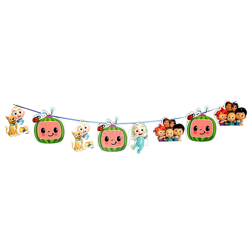 Coco Melon theme paper wall banner for kids birthday party backdrop, cake table decoration, photo booth, and themed birthday celebration available in bulk from Party Wholesale Hub.