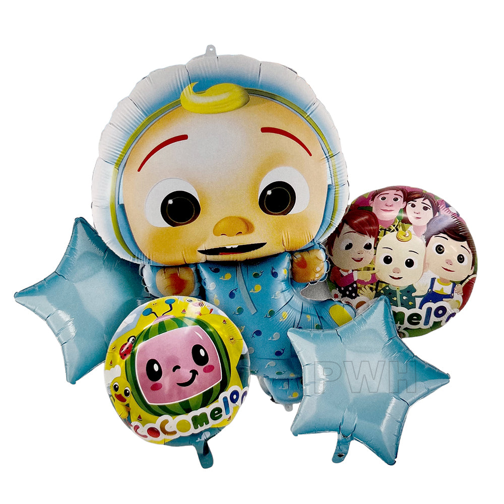 Cocomelon theme 5-in-1 Mylar foil balloon set for kids birthday party decoration wholesale supplier in India