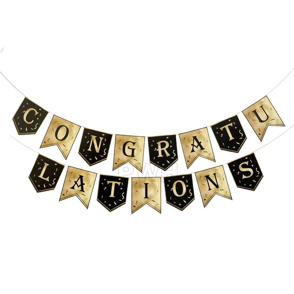 Congratulations Black Golden decorative paper wall banner for graduation, promotion, retirement, office celebration, photo booth backdrop, and party decoration available in bulk from Party Wholesale Hub.