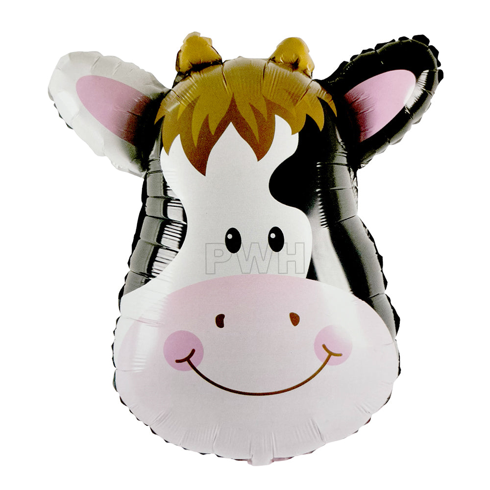 18 inch cow face printed foil balloon for farm theme birthday, animal party, barnyard celebration, and kids decoration from Party Wholesale Hub.