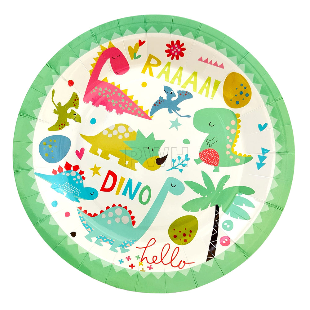 Premium 9 inch dinosaur theme paper food plates with colorful prehistoric dinosaur print for kids birthday party table decoration and food serving by PartyWholesale India