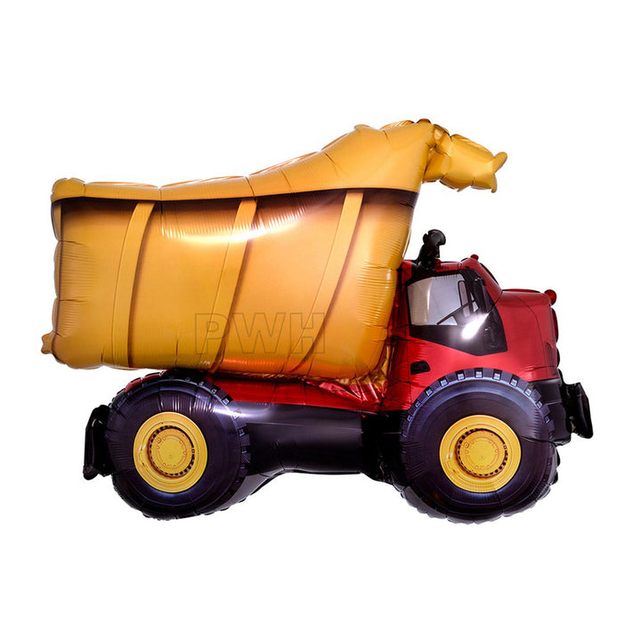 Dump truck shaped Mylar foil balloon for construction theme birthday party, vehicle celebration, kids event, and party decoration from Party Wholesale Hub.
