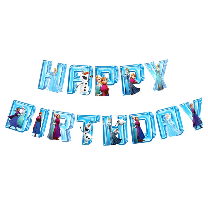 Frozen Characters Theme Happy Birthday decorative paper wall banner for kids' birthday party decoration, cake table backdrop, and photo booth available in bulk from Party Wholesale Hub.