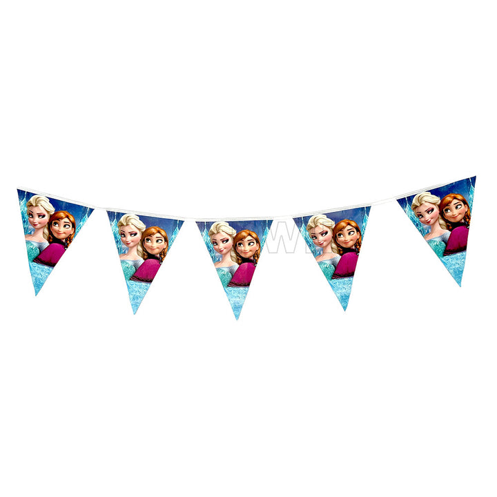 Frozen theme birthday paper wall banner with colorful character design for kids' birthday party decoration and photo backdrop available in bulk from Party Wholesale Hub.