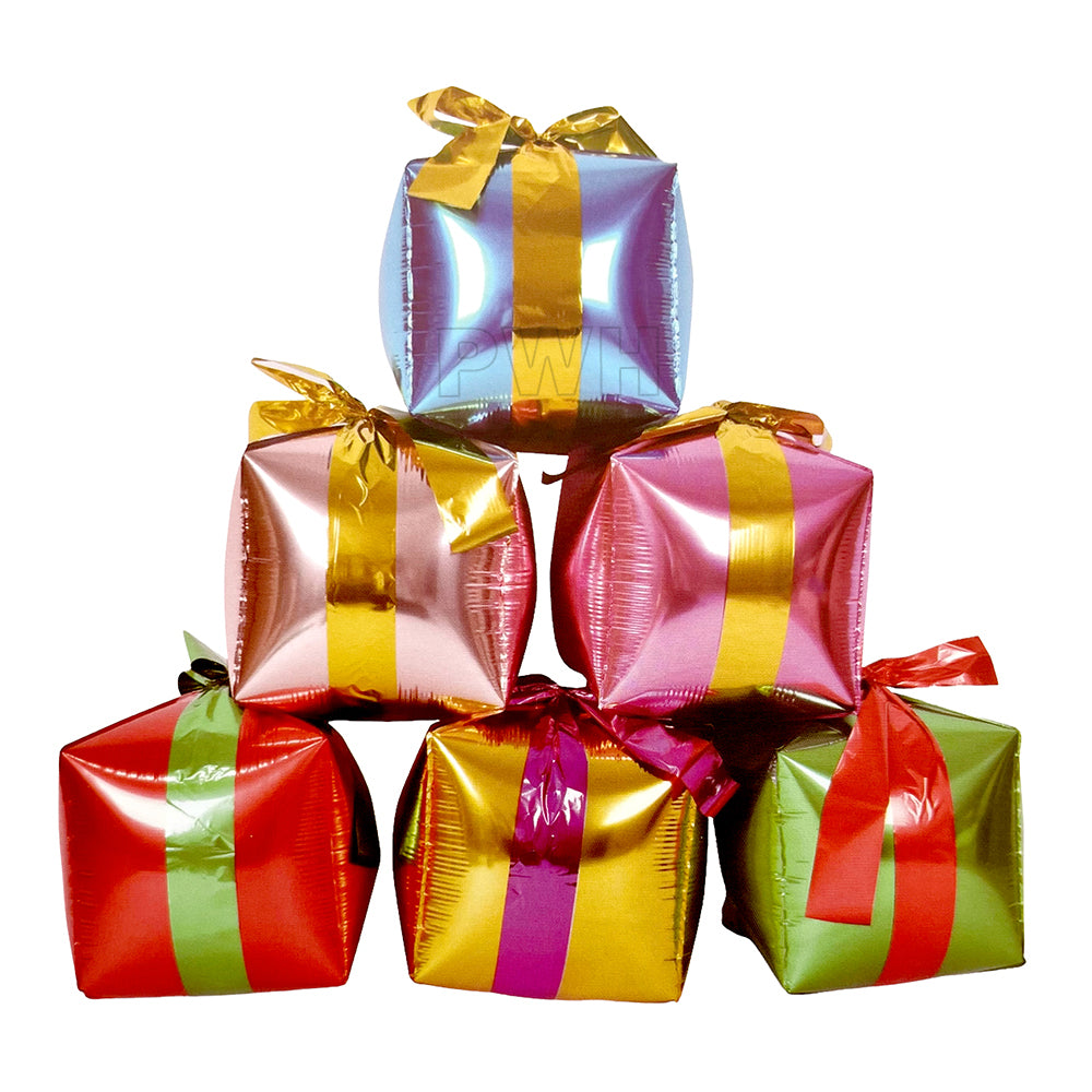 Gift Box Cube Mylar aluminium foil balloon in assorted colors with glossy metallic finish for birthdays, weddings, baby showers, balloon bouquets, and event decoration from Party Wholesale Hub.