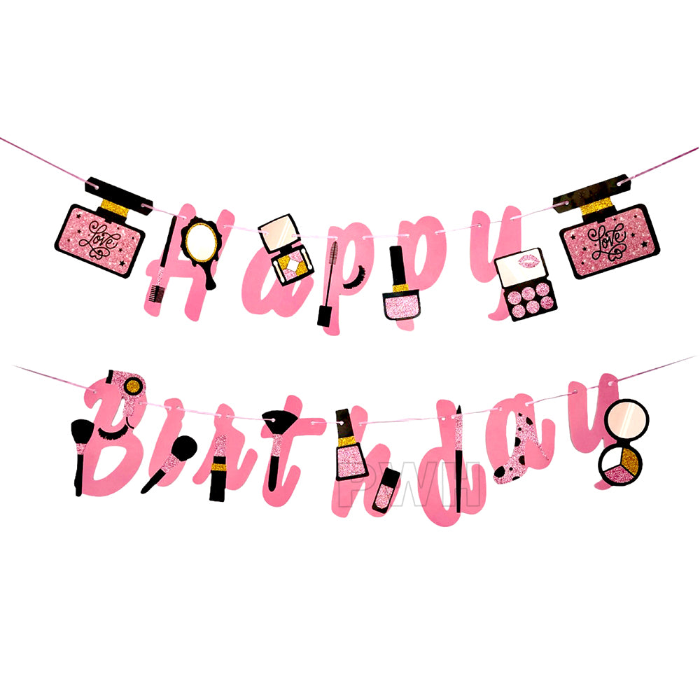 Girl's Happy Birthday Make-up Kit decorative paper wall banner in pink for beauty theme birthday party decoration, cake table backdrop, and photo booth available in bulk from Party Wholesale Hub.