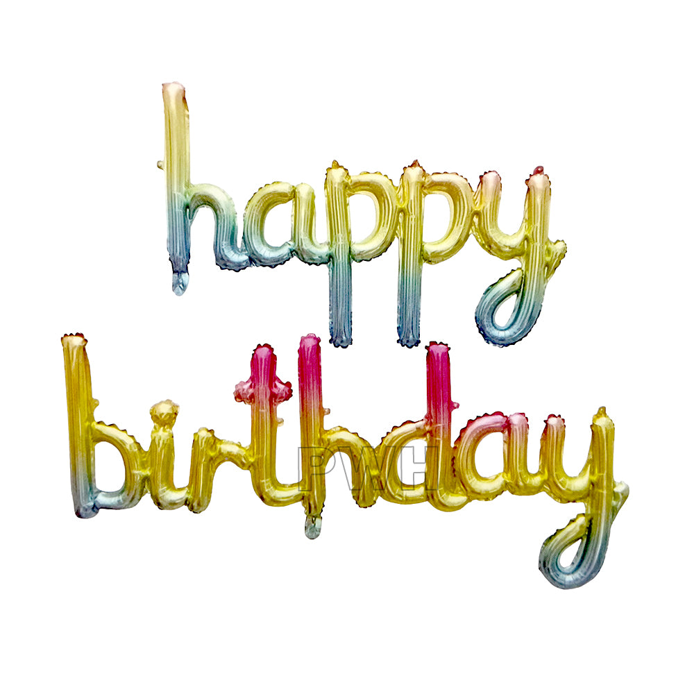 Golden Happy Birthday cursive foil banner for birthday party wall decoration, cake backdrop, and photo booth available in bulk from Party Wholesale Hub.