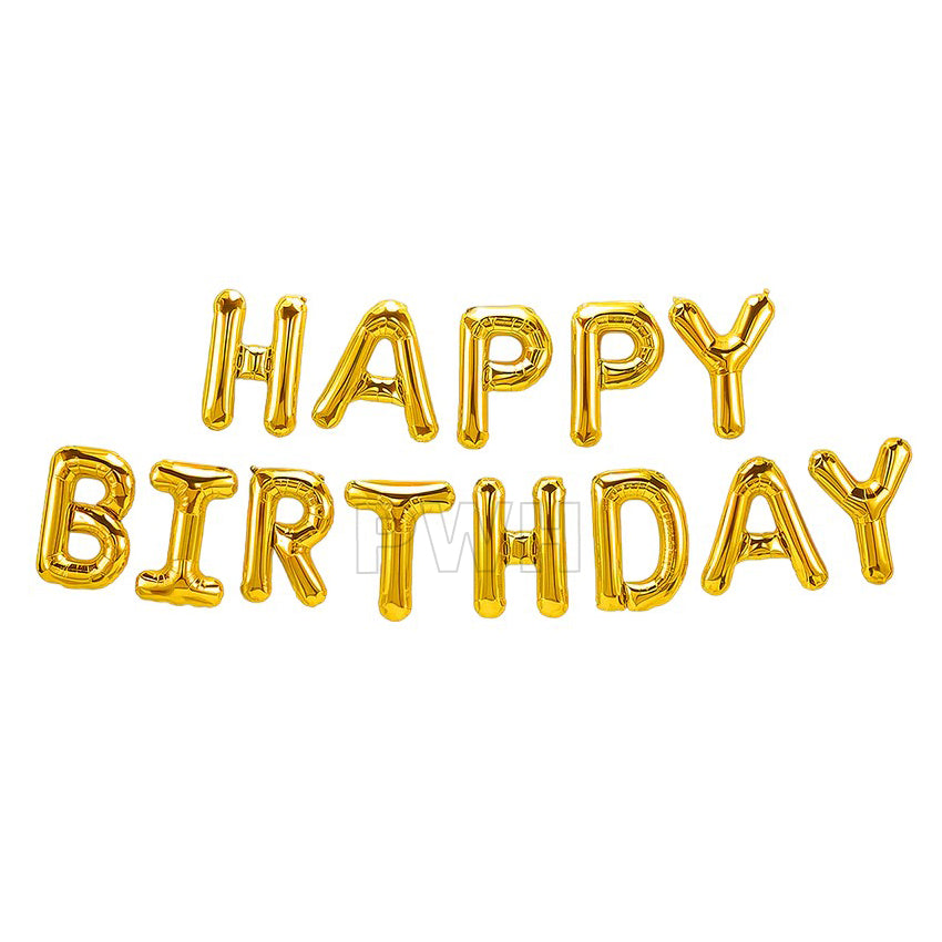 Golden Happy Birthday Mylar foil letter banner for birthday party wall decoration and photo backdrop available in bulk from Party Wholesale Hub.