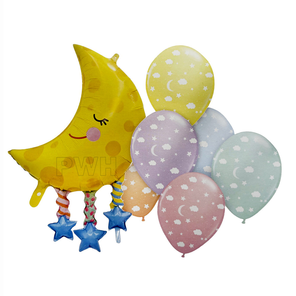 Golden Moon 7 pcs foil and latex balloon decoration set for birthdays, baby showers, Ramadan, Eid celebrations, weddings, and luxury party décor from Party Wholesale Hub.
