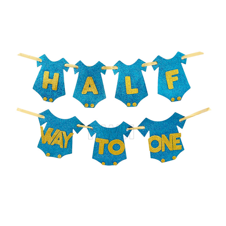 Half Way to One Banner for baby 6-month milestone and half birthday party decoration from Party Wholesale Hub.