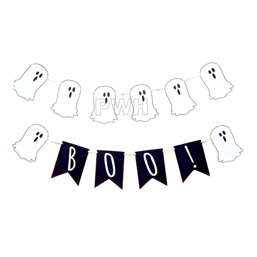 Halloween Boo Ghost paper wall banner for spooky Halloween party, haunted house, and trick or treat decoration available wholesale from Party Wholesale Hub