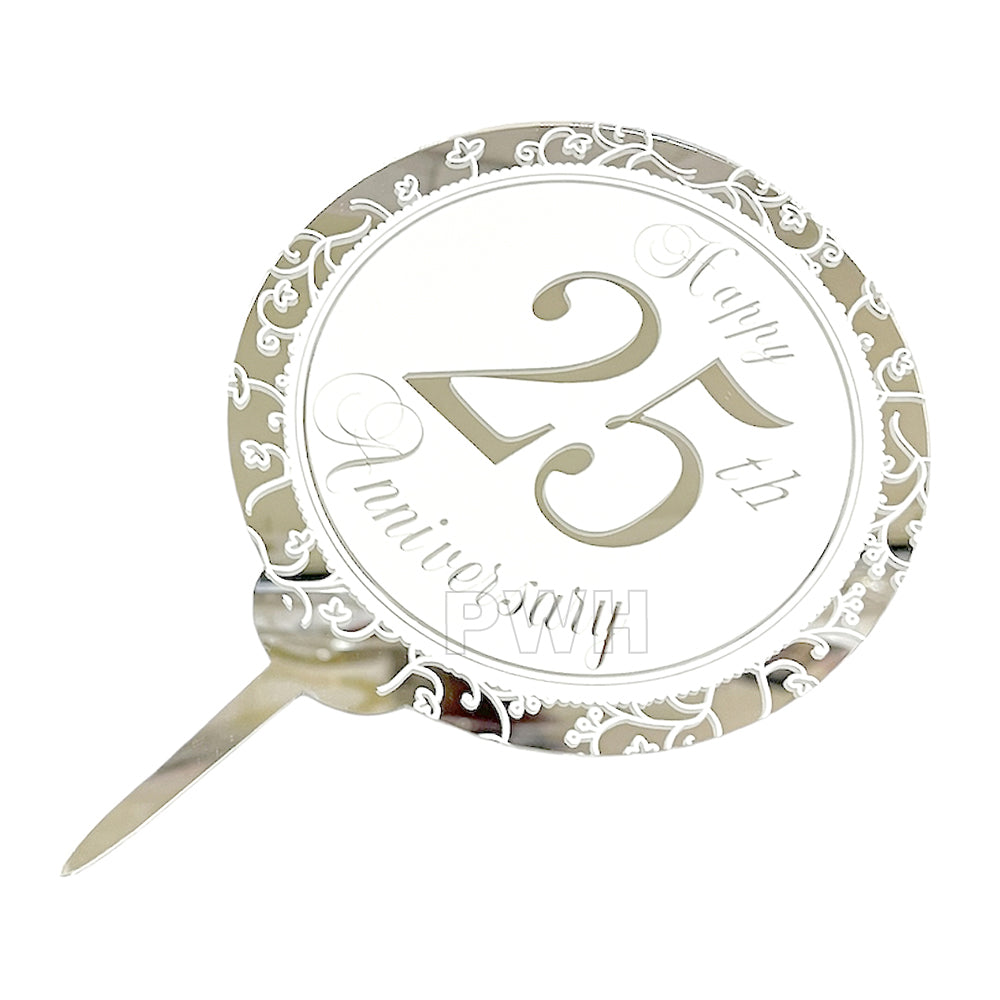 Happy 25th Anniversary acrylic cake topper in silver finish for Silver Jubilee cake decoration available wholesale from Party Wholesale Hub
