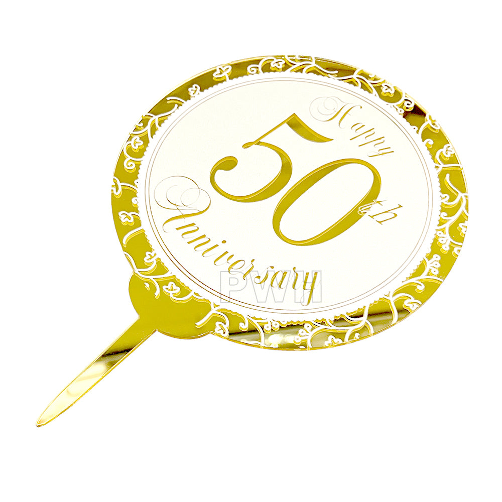 Happy 50th Anniversary acrylic cake topper in golden finish for Golden Jubilee cake decoration available wholesale from Party Wholesale Hub