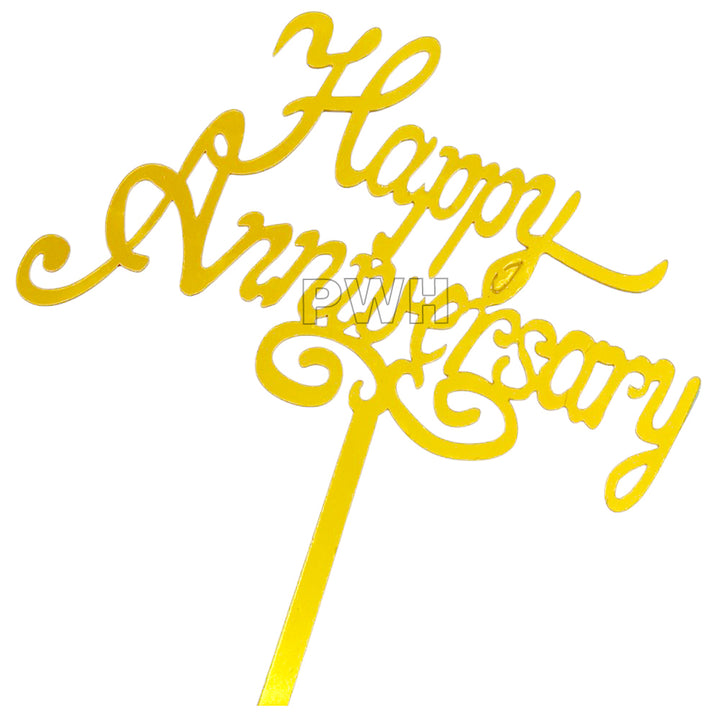 Happy Anniversary acrylic cake topper in assorted colors for elegant anniversary cake decoration available wholesale from Party Wholesale Hub