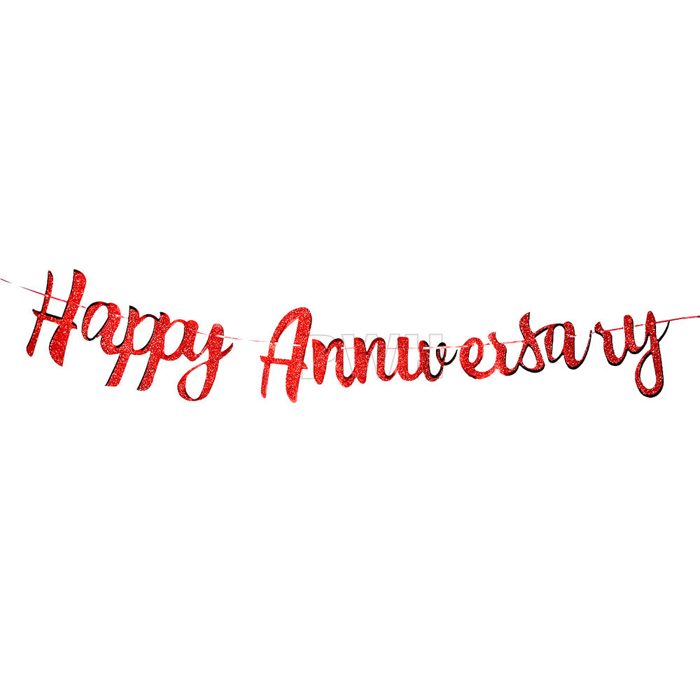 Happy Anniversary glitter paper wall banner in red, golden, and silver for anniversary party decoration and photo backdrop available in bulk from Party Wholesale Hub.