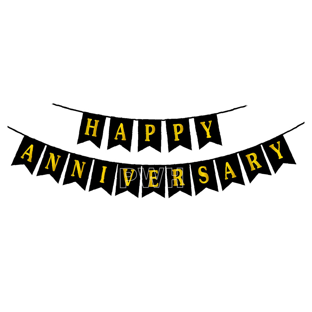 Happy Anniversary wall banner with elegant golden print on black paper for wedding anniversary party backdrop, cake table decoration, and photo booth available in bulk from Party Wholesale Hub.