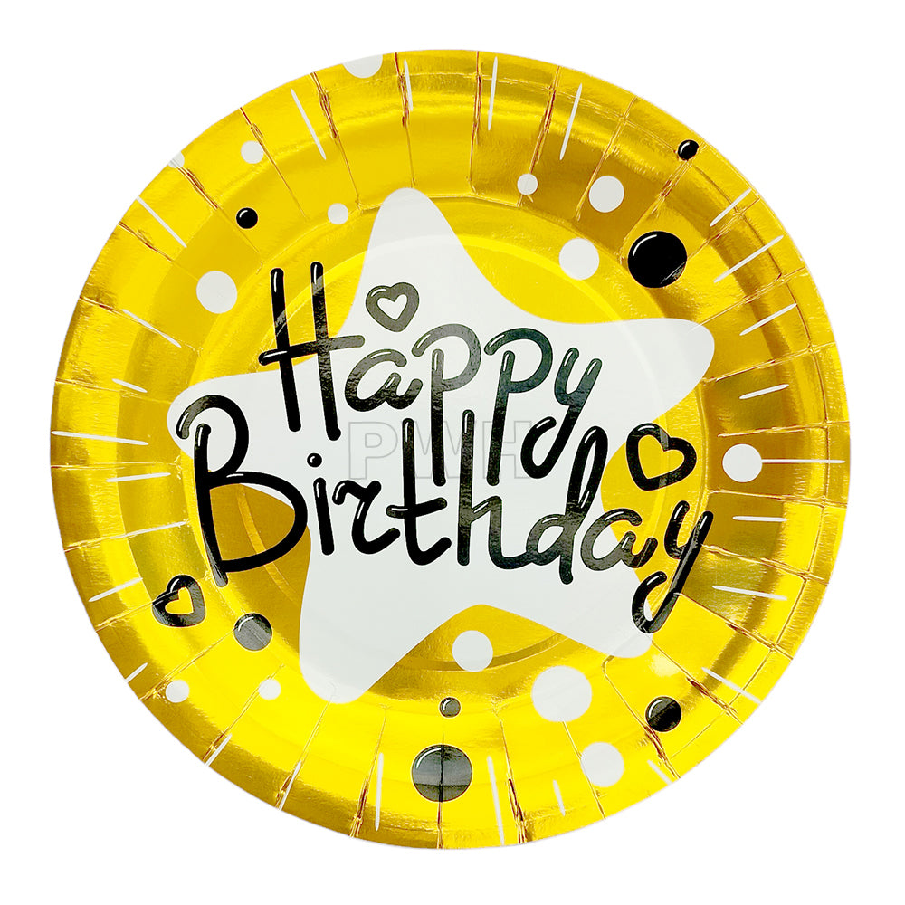 Premium 9 inch Happy Birthday glossy paper food plates featuring an elegant golden birthday design for serving meals, cake, desserts, and party food at birthday celebrations by PartyWholesale India