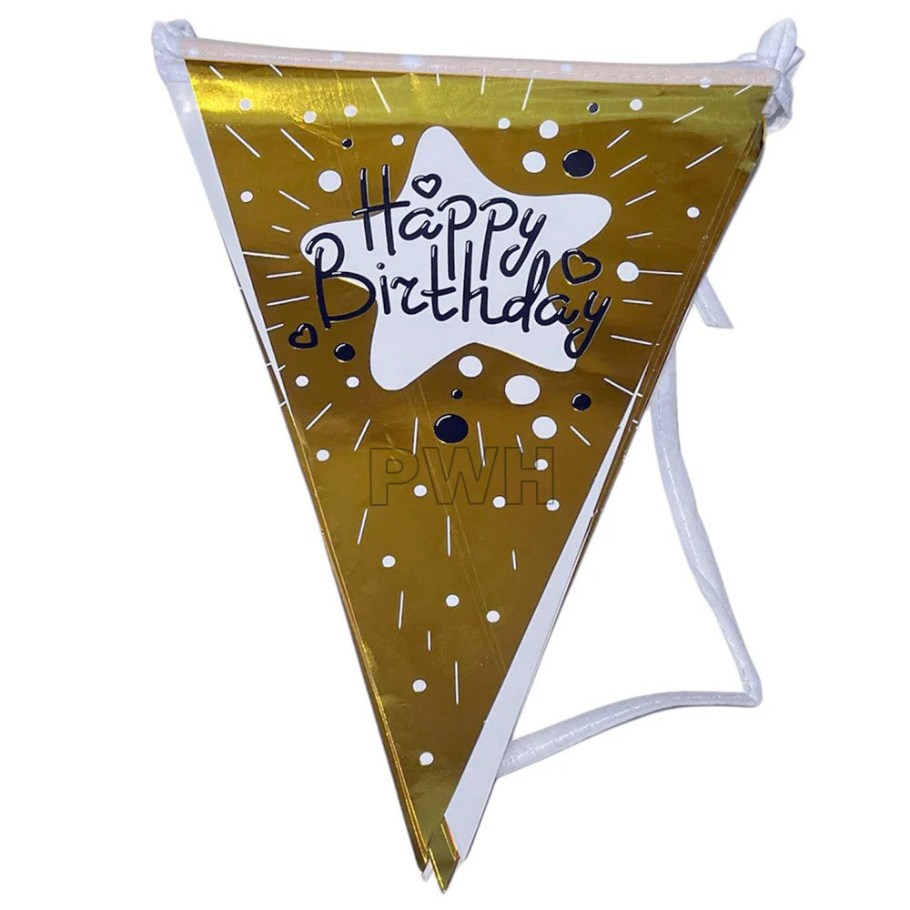 Happy Birthday theme golden glitter paper wall banner for birthday party decoration, cake table backdrop, and photo booth available in bulk from Party Wholesale Hub.