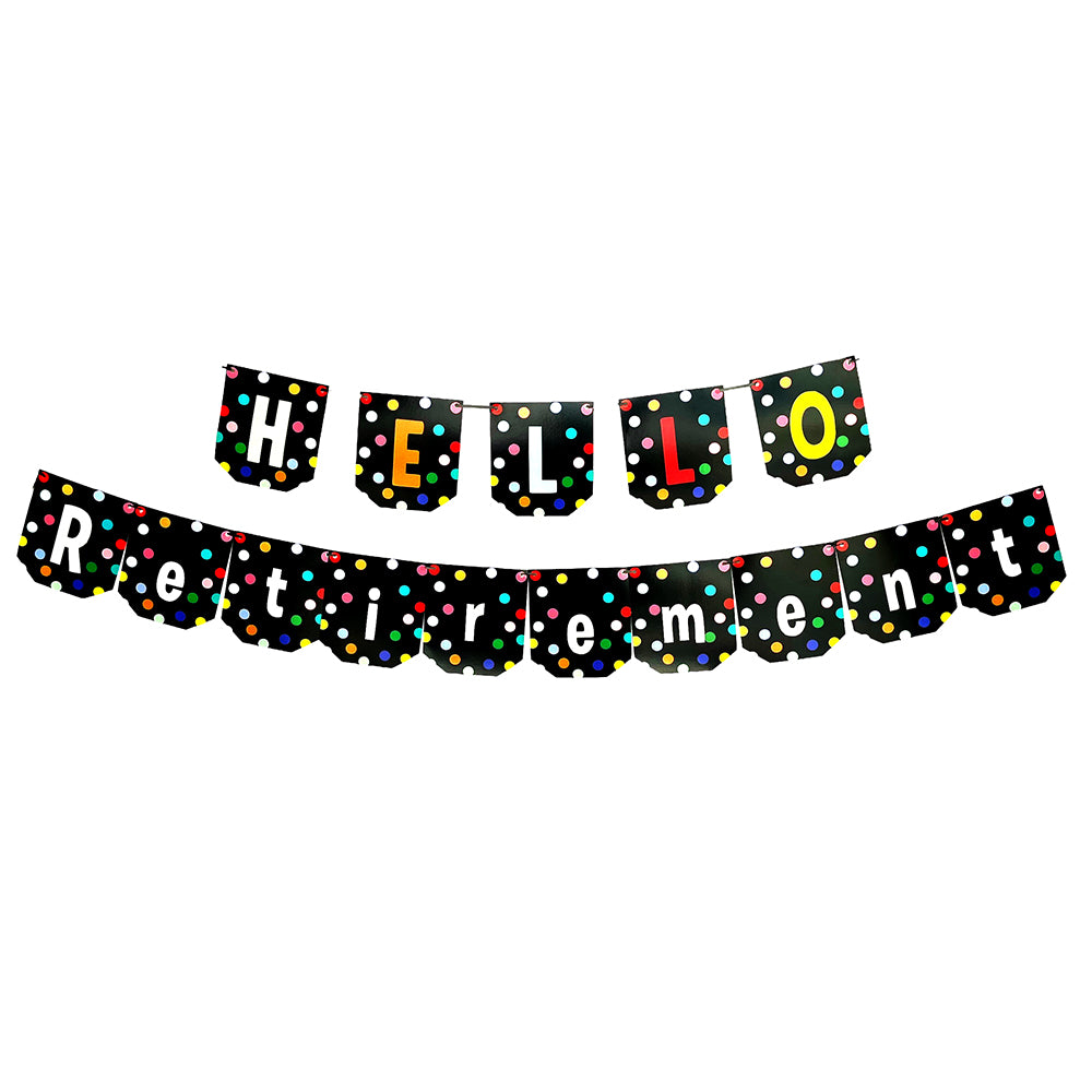 Hello Retirement Black Polka decorative paper wall banner for office retirement party, farewell celebration, stage backdrop, and photo booth decoration available in bulk from Party Wholesale Hub.