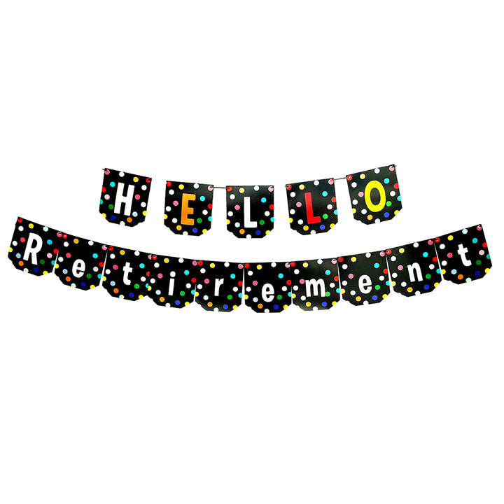 Hello Retirement Black Polka decorative paper wall banner for office retirement party, farewell celebration, stage backdrop, and photo booth decoration available in bulk from Party Wholesale Hub.