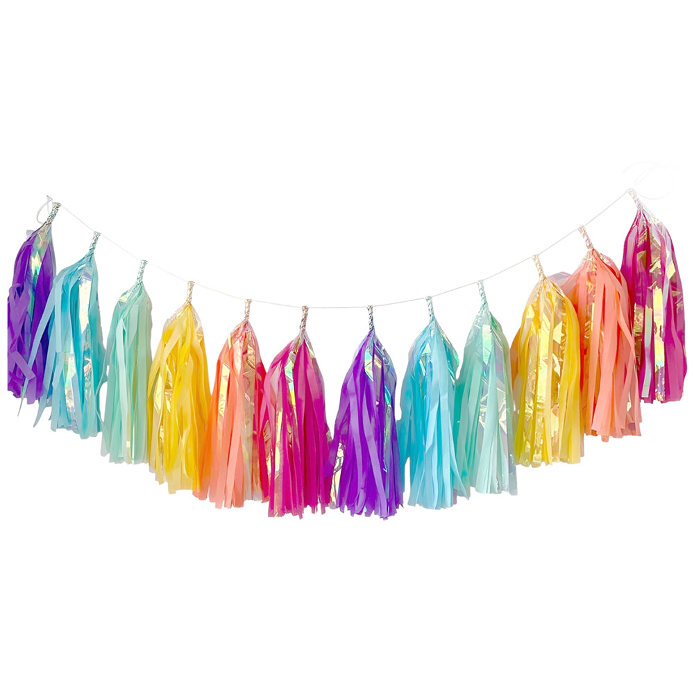 Premium Holographic Shiny Tissue Paper Tassel in assorted colors for kids' birthdays, adult theme parties, photo backdrops, wall decorations, and celebration events from Party Wholesale Hub India.